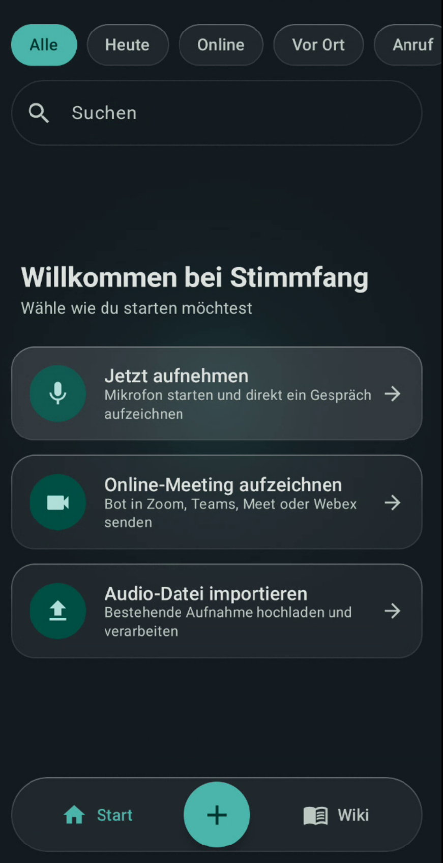Stimmfang Android-App: Start mit Aufnahme- und Importoptionen