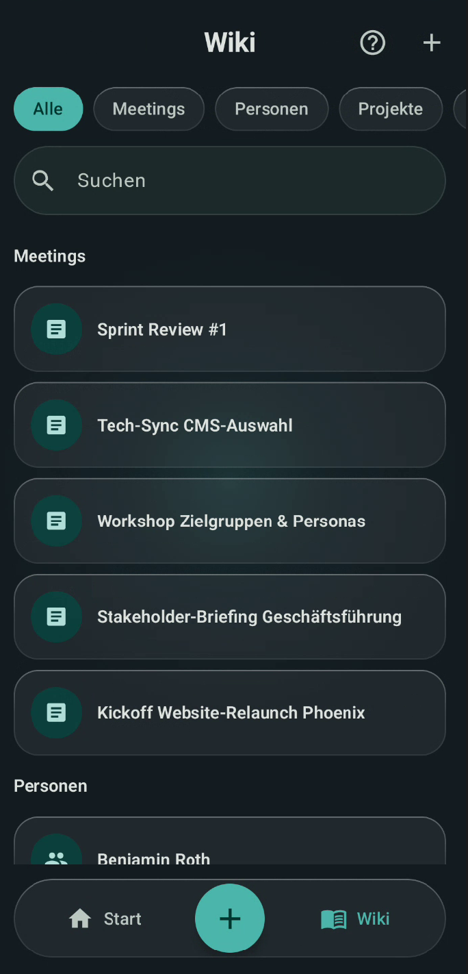 Stimmfang Android-App: Wiki-Übersicht mit Meetings, Personen, Projekten