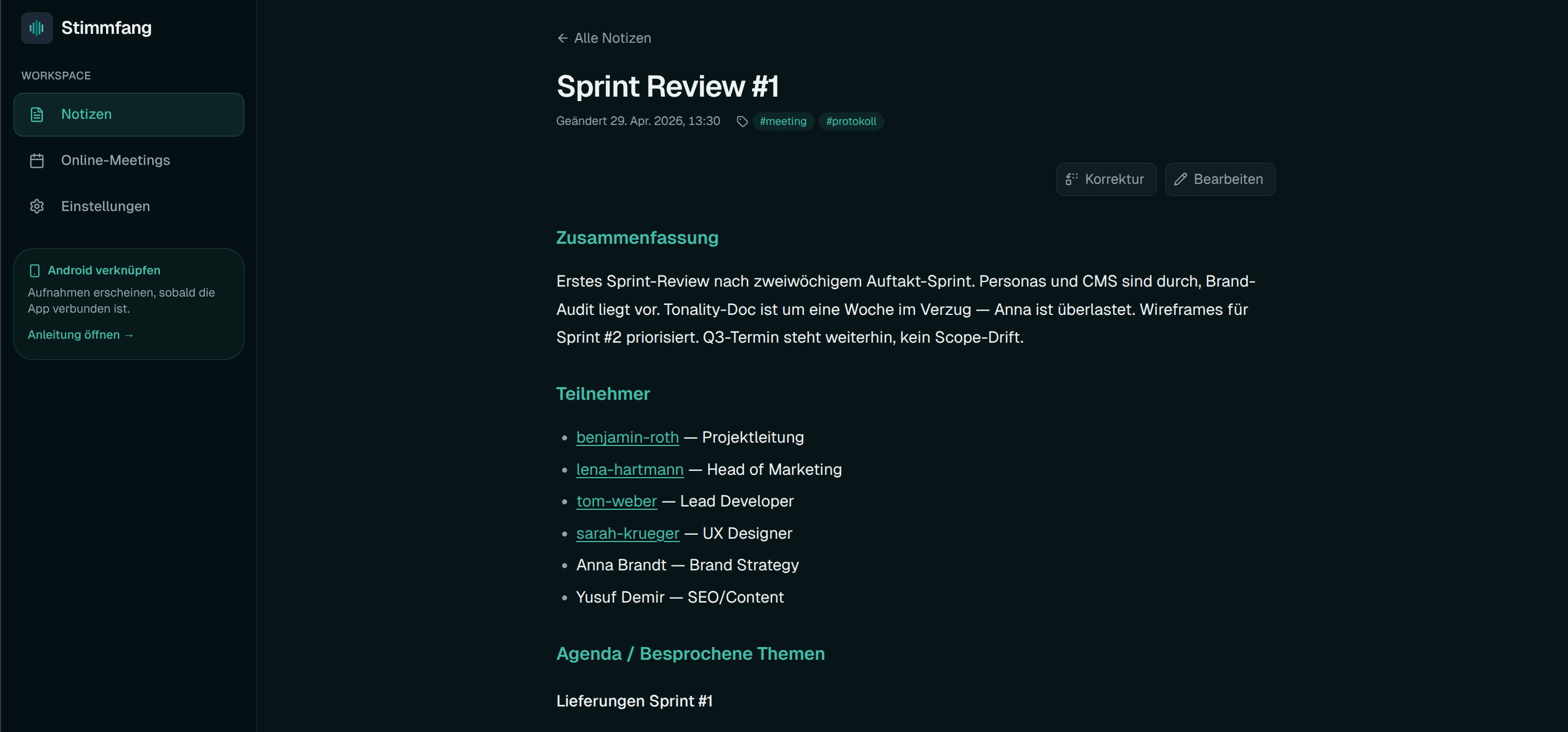 Stimmfang Web-App: Wiki-Notiz Sprint Review mit Zusammenfassung und Agenda